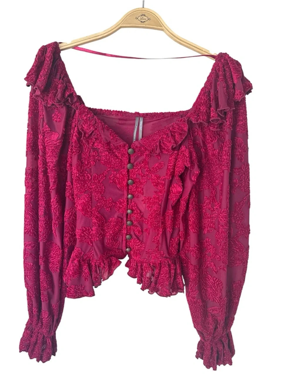 Anthropologie Velvet Burnout Raspberry Red Lace Peasant Puff-Sleeve Blouse XS